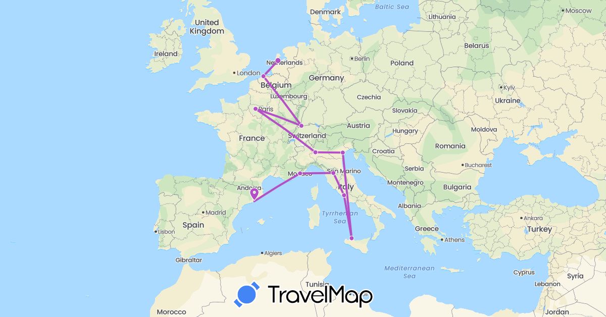 TravelMap itinerary: train in Belgium, Switzerland, Spain, France, Italy, Monaco, Netherlands (Europe)